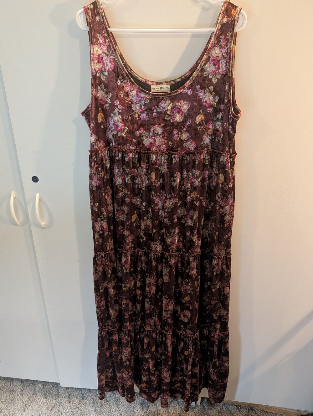 Natural Life Womans XL Crushed Velvet Floral Tiered Maxi Dress in Deep Plum/Pink